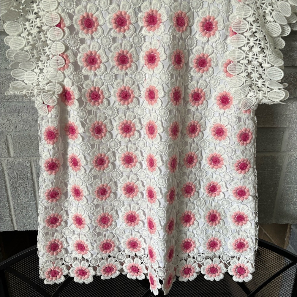 J. Crew Pink and White Cropped Embellished Blouse